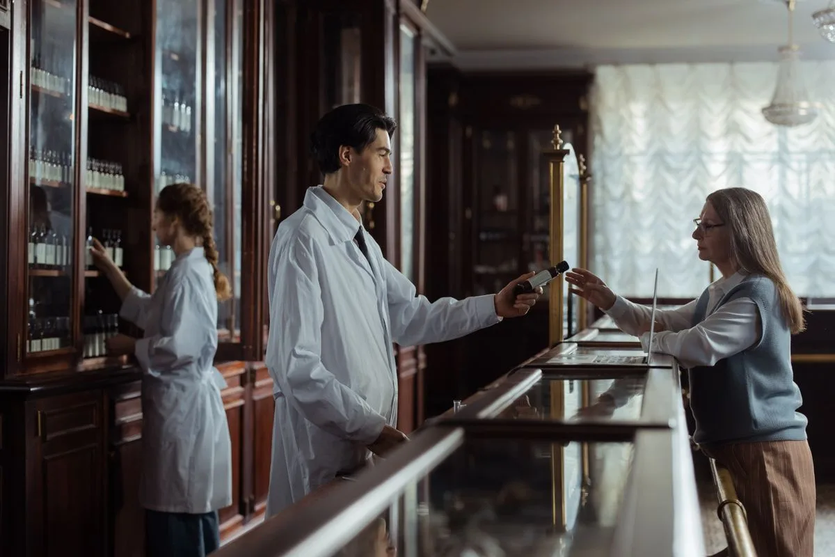 Pharmacist handing medication to a customer at an independent pharmacy counter
